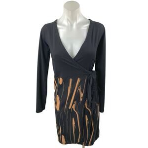 DAI MODA Black Swirl Print Long Sleeve V-neck Tie Waist Mini Pencil Wrap Dress S